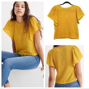 Madewell XS Eyelet Flutter Blouse Mustard Yellow